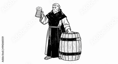 Monk holding a beer mug stands by a wooden barrel