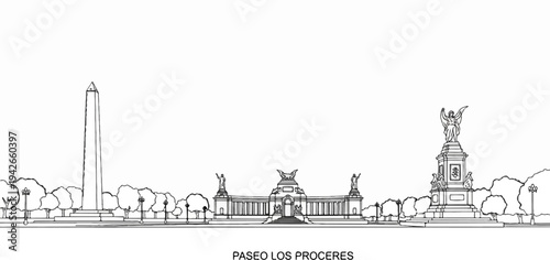 City skyline with an obelisk, statues, and trees in a line drawing