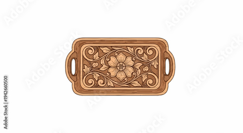 Ornate wooden tray with intricate floral carving and handles