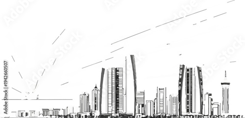 Stylized sketch of a modern city skyline at sunrise with scattered clouds
