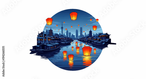 Pixel art scene of a city at dusk with lanterns and boats on a river