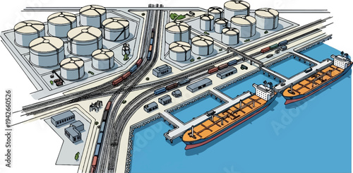 Industrial port with storage tanks, trains, and ships