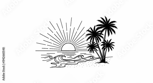 Stylized sunset over ocean waves with palm trees on sandy shore