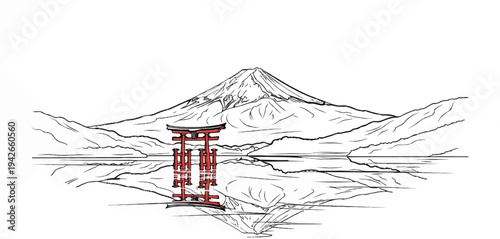 Red torii gate reflection on water with majestic mountain backdrop