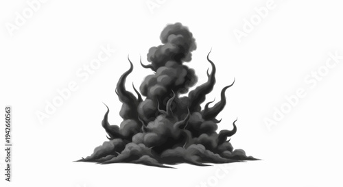 Dark, swirling smoke billows upwards, forming abstract, tentacle-like shapes