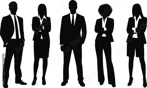 Silhouettes of business professionals in corporate attire standing side by side, symbolizing teamwork, leadership, diversity, identity, and collaboration in modern workplace