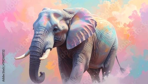 A majestic pachyderm is depicted, its form beautifully textured with subtle color gradients, set against a dreamy, abstract backdrop