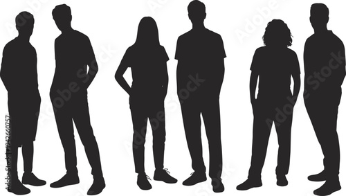 Silhouettes of casually dressed individuals standing side by side, symbolizing teamwork, diversity, identity, leadership, and collaboration in modern social and creative contexts illustration