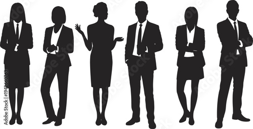 Silhouettes of corporate professionals in business attire standing side by side, symbolizing teamwork, leadership, diversity, identity, and collaboration in modern workplace