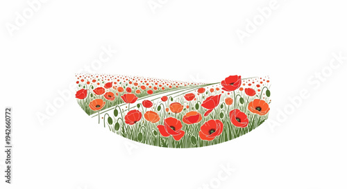 A vibrant field of red and orange poppies with green stems and leaves