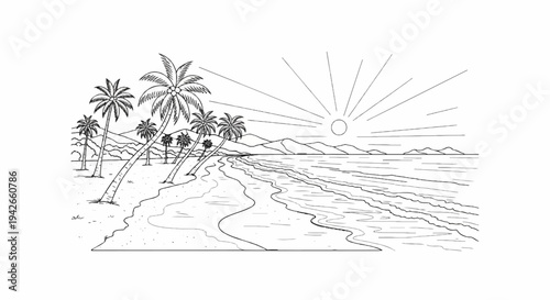 A sunlit tropical beach scene with palm trees and gentle waves