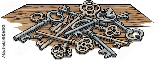 An assortment of vintage keys scattered across a rustic wooden surface