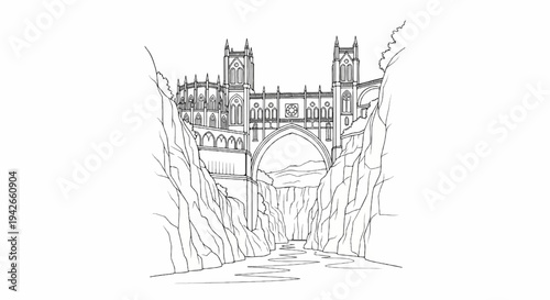 Ornate bridge and castle structure spans a deep gorge with a winding river below