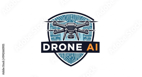 Drone AI Logo Featuring a Modern Drone Design on a Shield Background.
