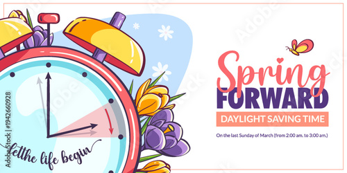 Bright vector illustration announcing Daylight Saving Time Spring Forward with an alarm clock showing hands moving forward, crocus flowers, butterfly and cheerful spring typography. 