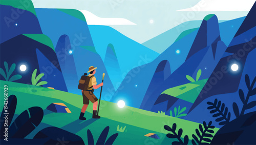 Illustration Of An Adventurer Exploring A Vast Valley With Plants And Rocks Vector Design Template