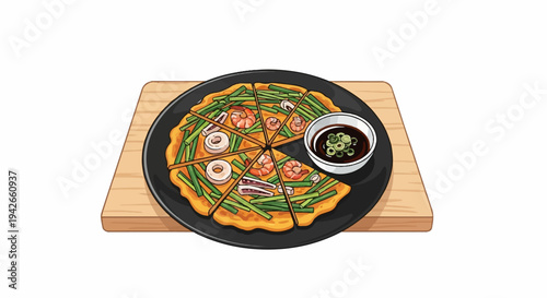 Seafood and vegetable pancake served with dipping sauce on a wooden board
