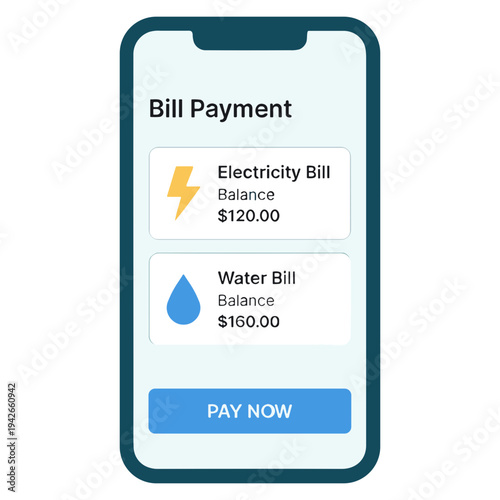 A smartphone screen displays bill payment options for electricity and water bills.