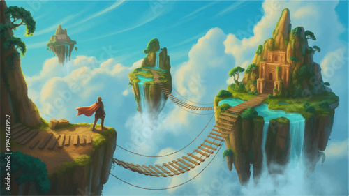 Man on cliff with red cape standing on edge looking out at fantasy islands with bridge and waterfalls in cloudy sky