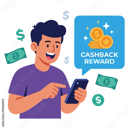 Man receiving cashback reward on mobile phone with money and coins floating around