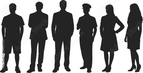 Silhouettes of diverse individuals in casual, business, and professional attire standing side by side, symbolizing teamwork, diversity, identity, leadership, and collaboration illustration