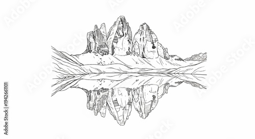 Jagged mountain peaks reflected in still water, stark black and white sketch