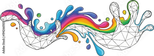 Abstract colorful liquid splashes intertwined with a wireframe mesh