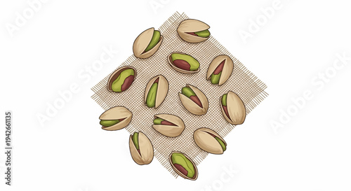 Group of shelled pistachios scattered on a burlap cloth