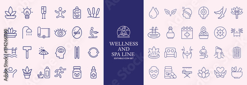 Wellness and Spa Line Editable Icons set. Vector illustration in modern thin line style of components of a healthy lifestyle, face , recreation. Pictograms and infographics
