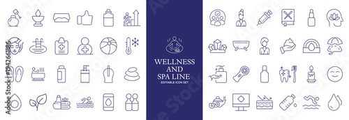 Wellness and Spa Line Editable Icons set. Vector illustration in modern thin line style of components of a healthy lifestyle, face , recreation. Pictograms and infographics