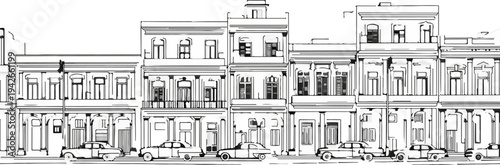 A sketchy, monochromatic street scene depicts vintage cars parked in front of old, multi-story buildings