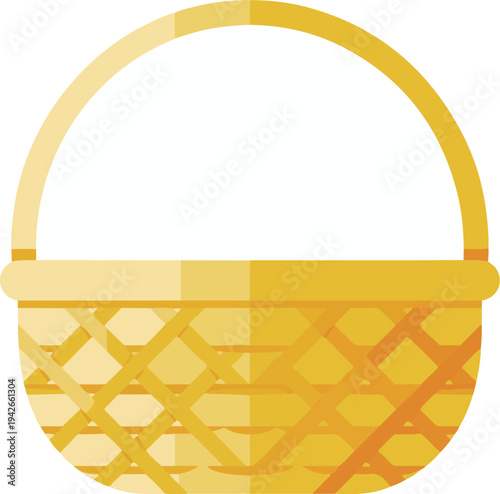 Yellow wicker basket with handle isolated on transparent background
