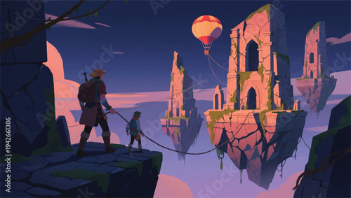 Illustration Of An Adventurer Exploring An Ancient City Floating In The Air Vector Design Template