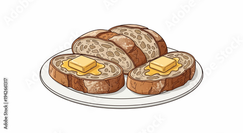 Slices of crusty bread topped with melting butter on a plate