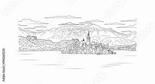 A serene lakefront vista featuring a prominent island with structures and a majestic mountain range backdrop