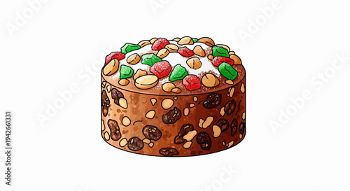 A round cake topped with nuts and candied fruit, dusted with powdered sugar