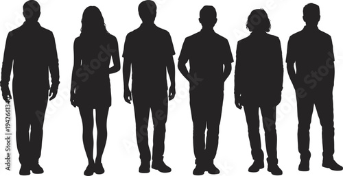 Silhouettes of diverse individuals in mixed attire standing side by side, symbolizing teamwork, diversity, identity, leadership, and collaboration in modern social 