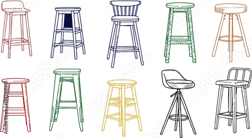 Diverse collection of ten illustrated bar stools in various colors and styles