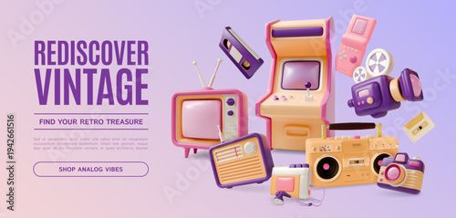 3d Rediscover Vintage Find Your Retro Treasure Shop Analog Vibes Concept Ads Banner Poster Card Cartoon Design Style. Vector illustration