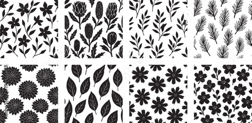 Floral and Pine Needle Silhouette Seamless Patterns