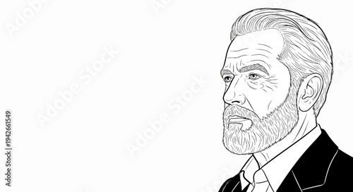 A grayscale sketch of an older man with a beard and suit, shown in profile