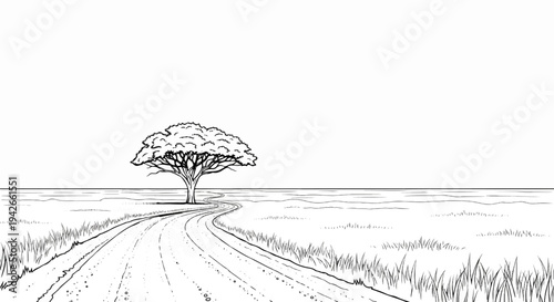 A winding dirt road leads towards a solitary acacia tree on a vast savanna