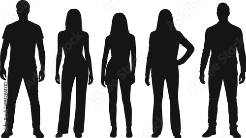Silhouettes of diverse men and women standing side by side, symbolizing teamwork, diversity, identity, leadership, and collaboration in modern social and professional contexts illustration