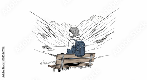 Woman with backpack on bench, gazing at a vast mountainous landscape