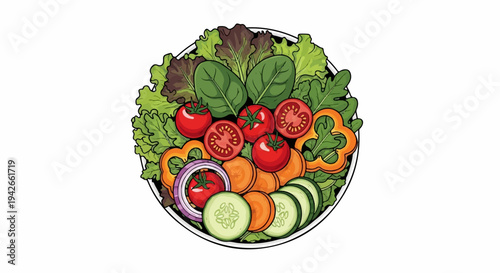 A fresh, colorful salad in a bowl with lettuce, tomatoes, cucumbers, and peppers