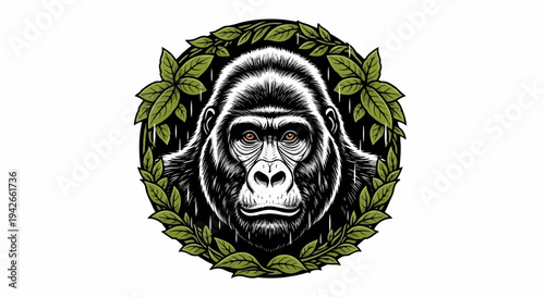 Fierce gorilla head framed by lush green leaves in an illustrative style