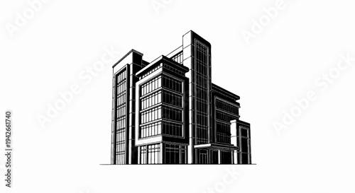 Stylized ink sketch of a modern, multi-story office building