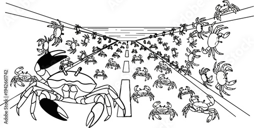 A surreal perspective of numerous crabs migrating across a vast, linear road under a striped sky