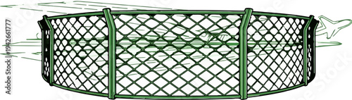 Green chain-link fence with abstract shapes and airplane icon in motion