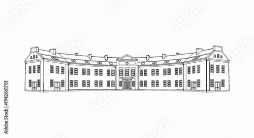 A detailed black and white sketch of a large, symmetrical, curved neoclassical building